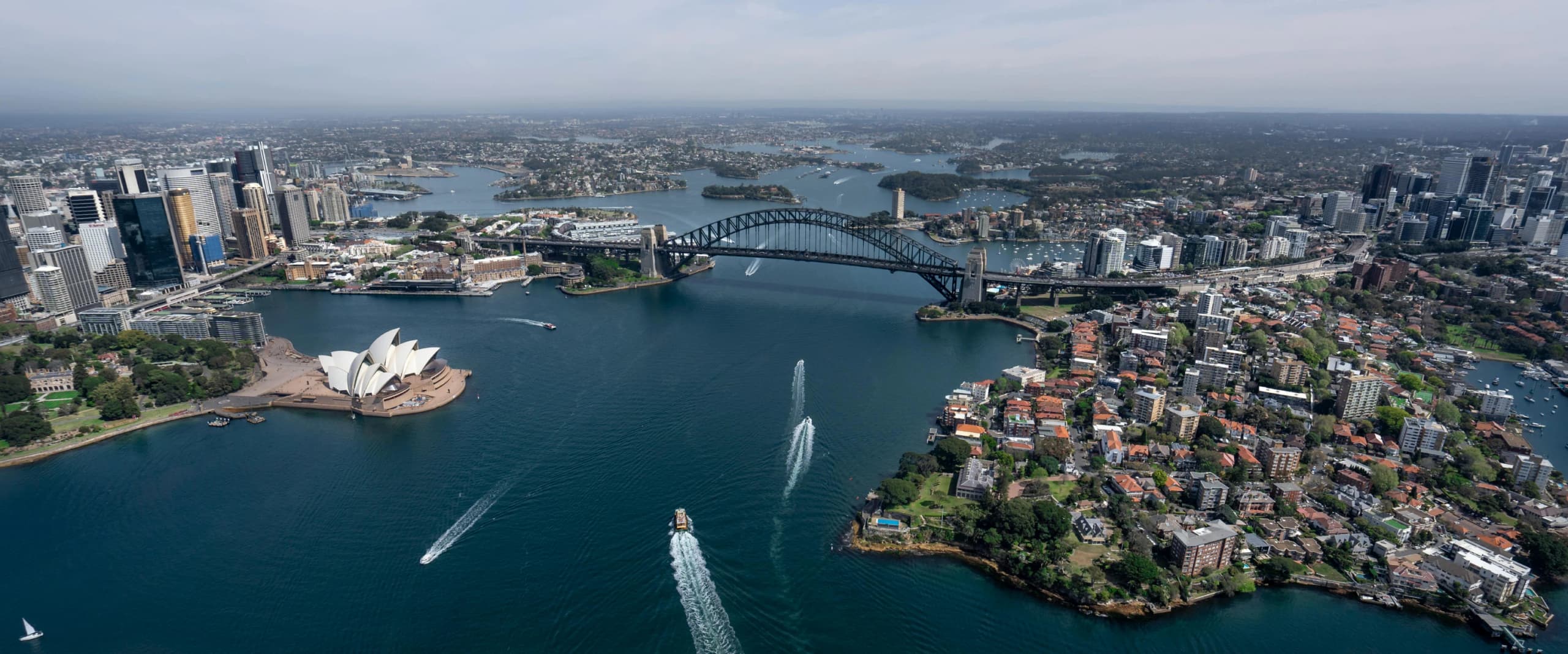 Aerial view over Sydney Harbour, the Harbour Bridge and the eastern suburbs