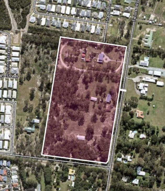 Satellite photograph of the Burpengary site with the development boundary marked