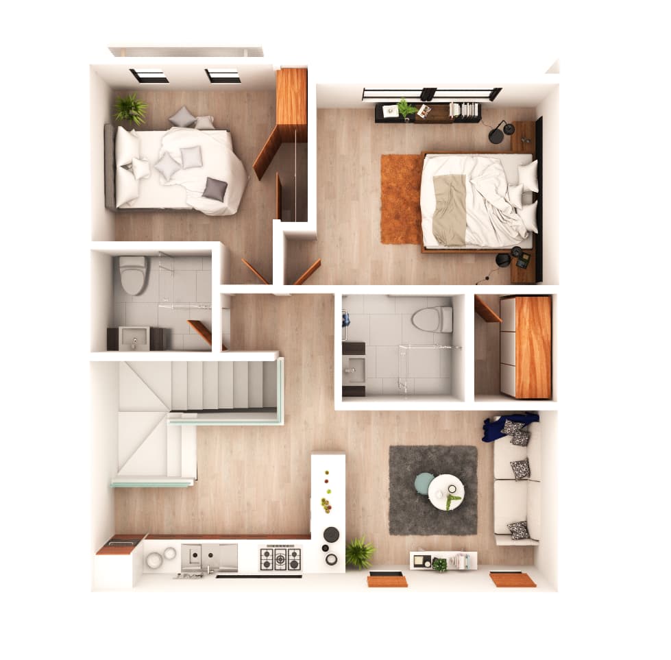 Cutaway floor plan of the upper level of a Kingston townhouse
