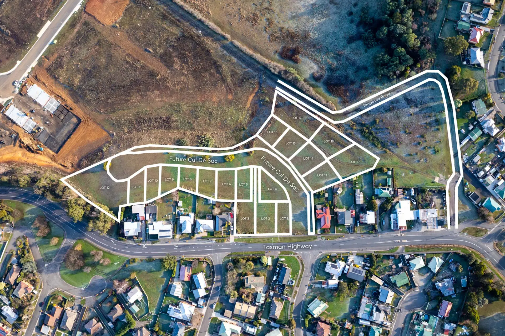 Overhead aerial of the Waverley site with the subdivision layout overlaid