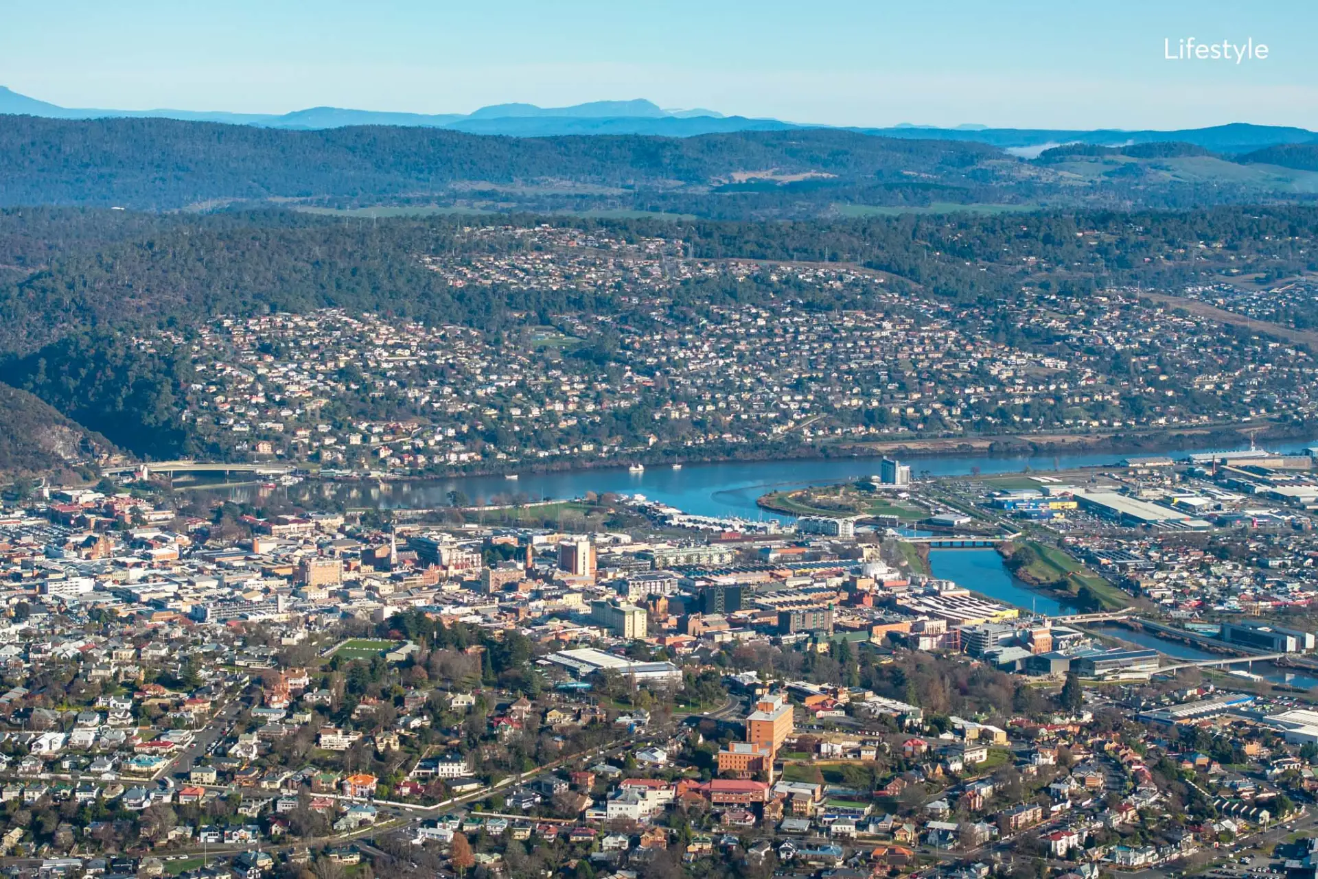 Aerial view over Launceston and the Tamar River from above the Reliance site at Waverley, Tasmania