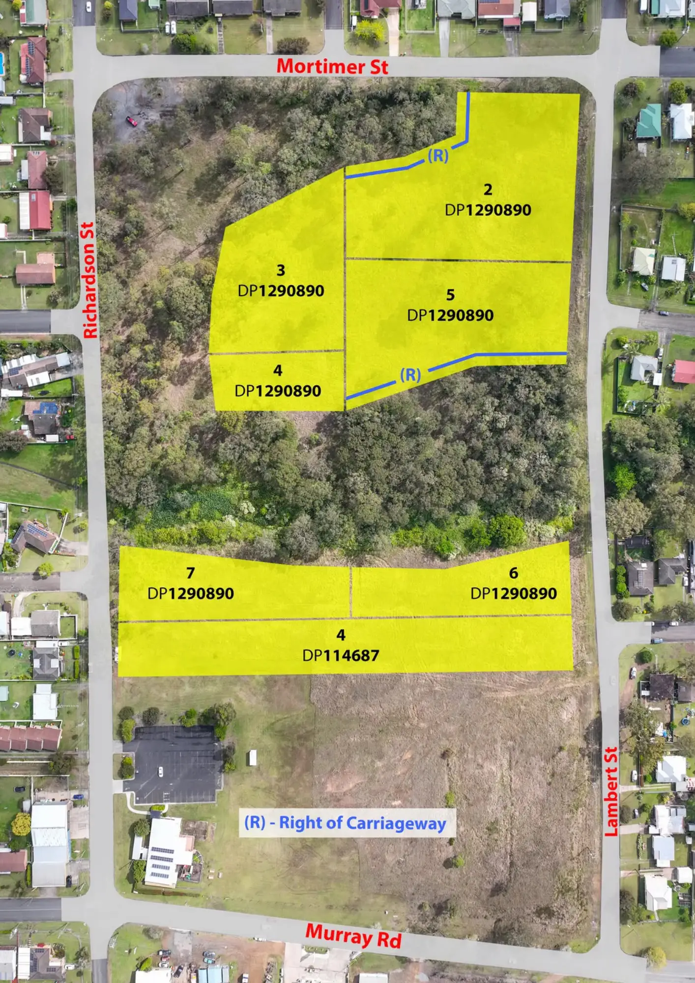 Aerial photograph of the Wingham site with existing land parcels marked